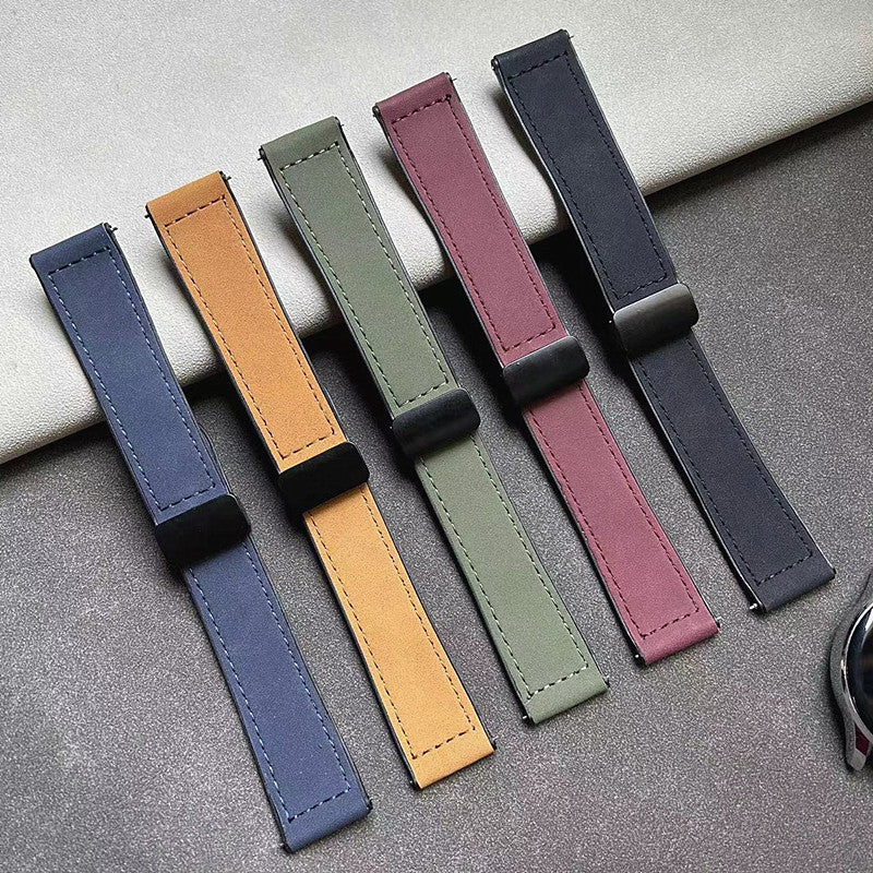 Wholesale Suitable for Major Brands of Crazy Horse Pattern Silicone Leather Strap Magnetic Buckle Pin Buckle Watch Strap